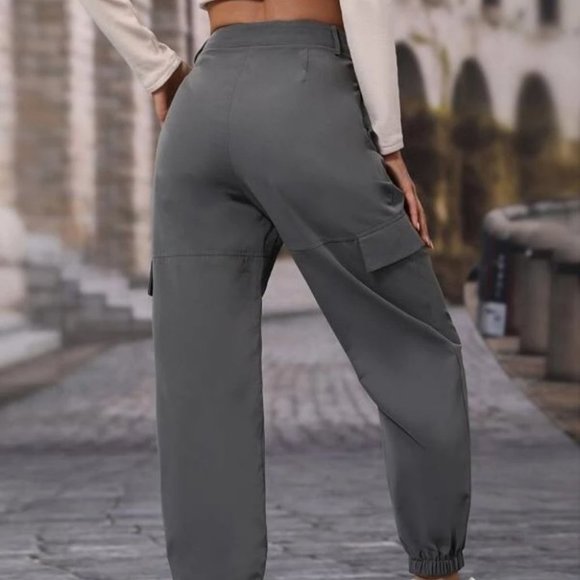 casual Flap detail button elastic Hem carrot Pants Gray - Picture 3 of 6